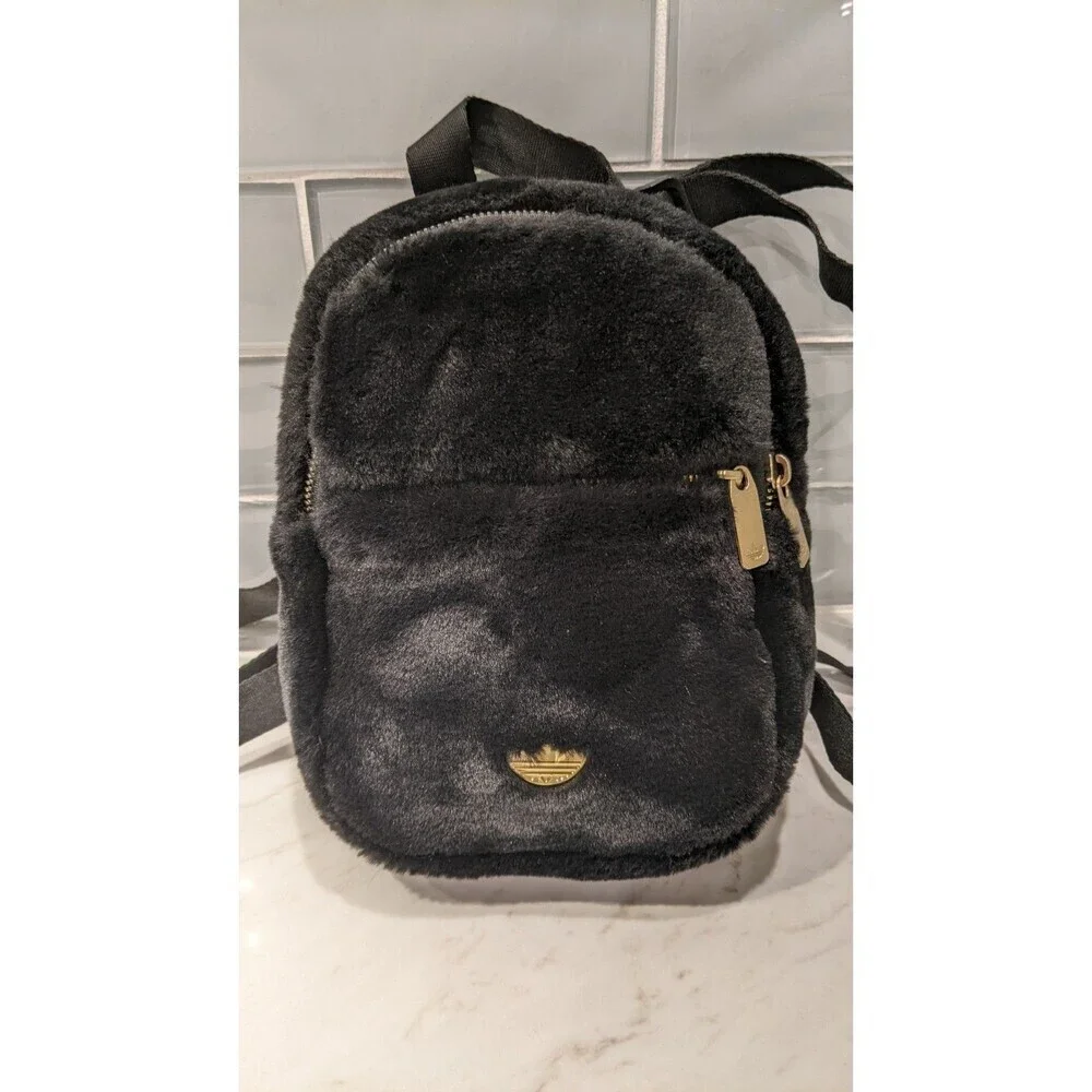 ADIDAS Black Faux Fur Adjustable Mini-Backpack Gold Trefoil Hardware - Picture 16 of 16